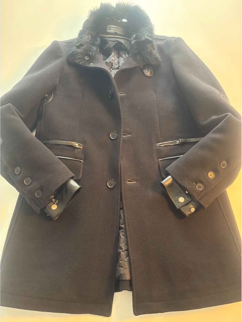 Rudsak Black Wool Cashmere Coat Rabbit Fur Collar and Z